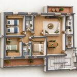 Planimetria 3D arredata con tre camere .2